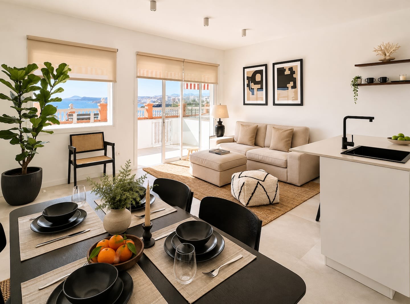 Open-plan living and dining area with the kitchen beyond