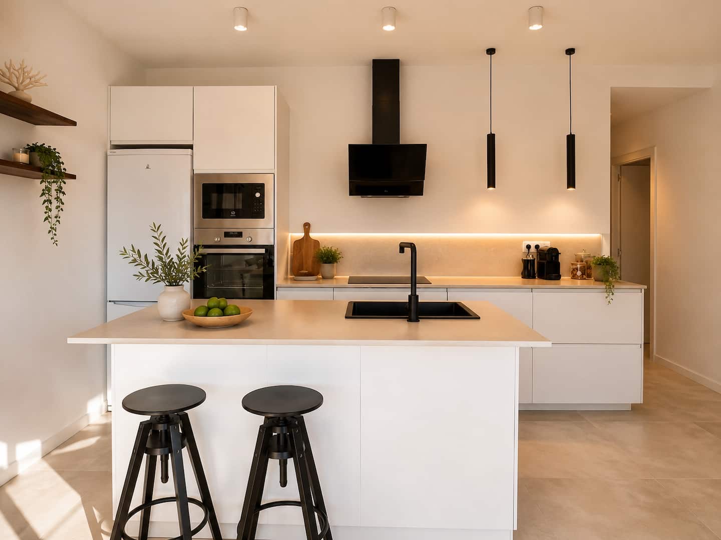 Kitchen with an island and two bar stools