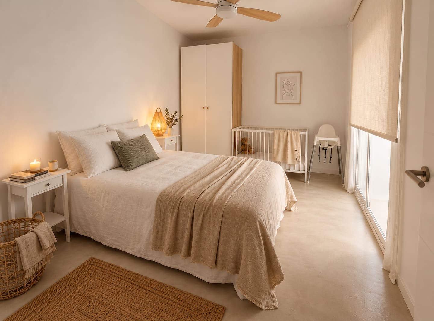 Second bedroom with a double bed, wardrobe and cot