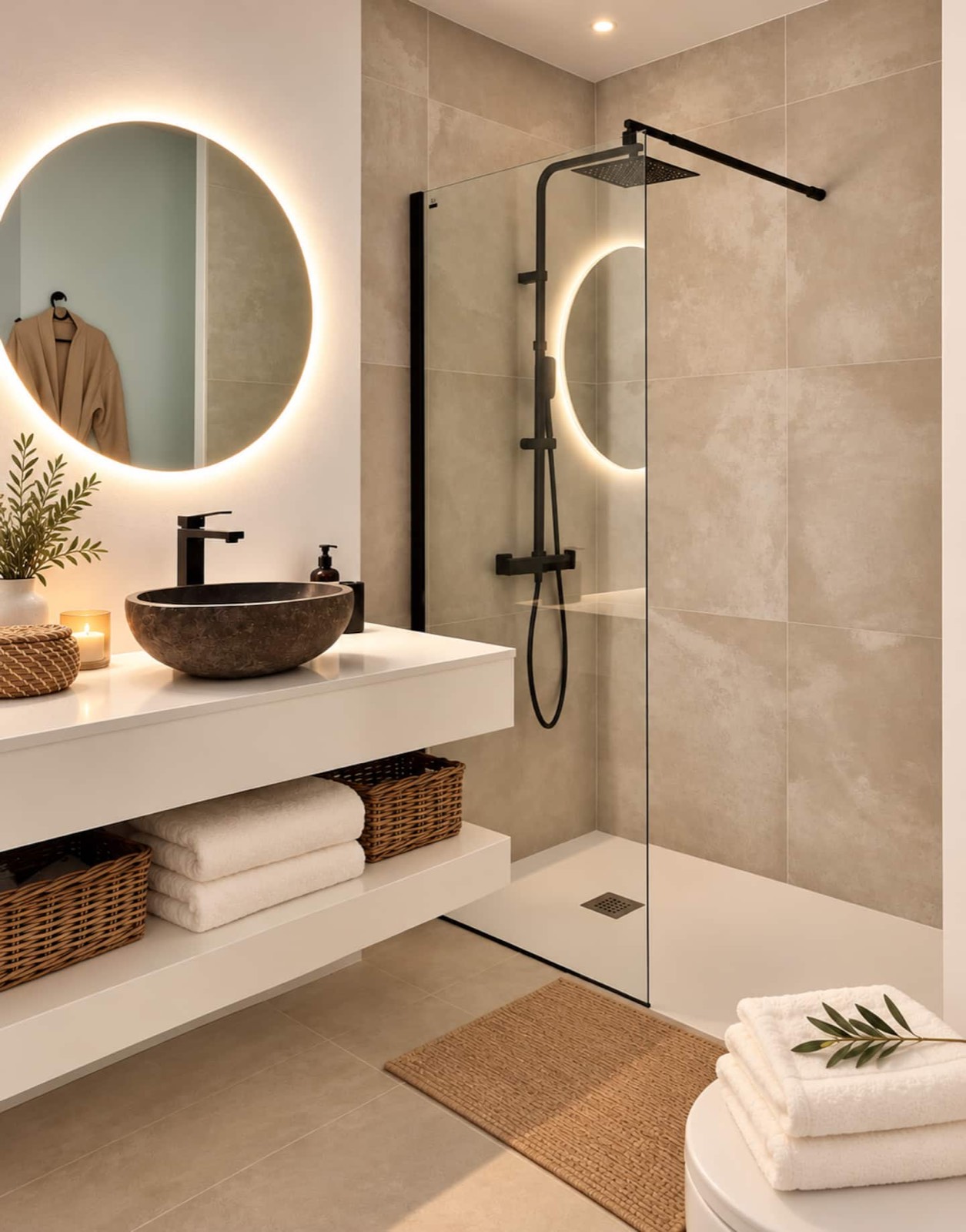Bathroom with a walk-in shower and a stone basin